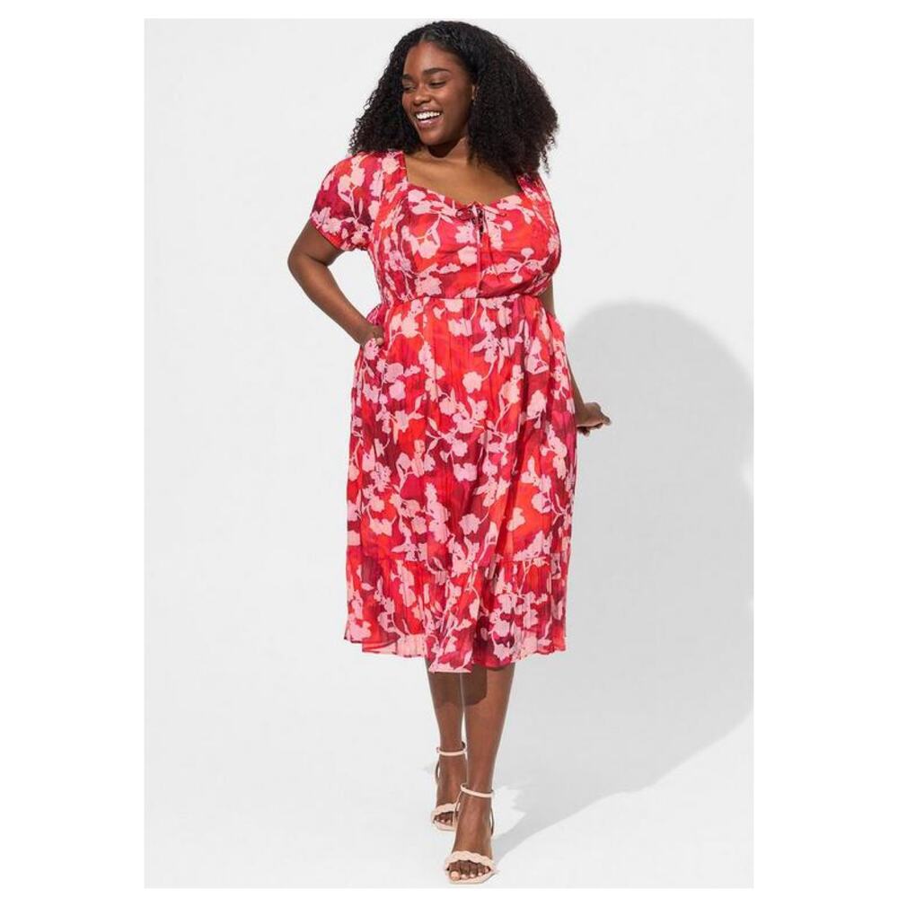 Torrid Red Floral Lace Up Smocked Back Midi Dress Sz.4